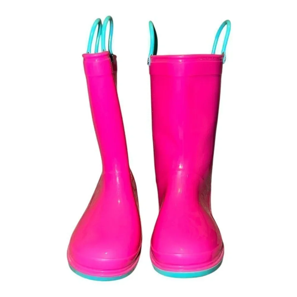 Girls Bright Pink & Blue Classic Rain Boots Pull On 1.5M EUC